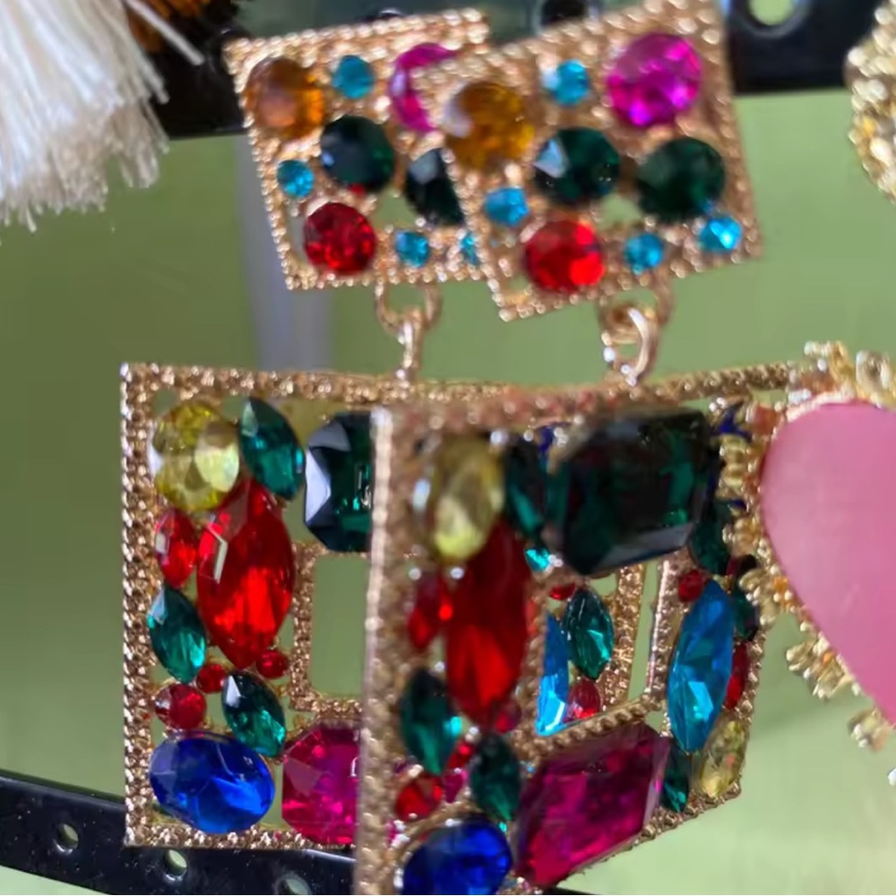 Multicolor Gemstone Rhinestone Square Earrings - image 2